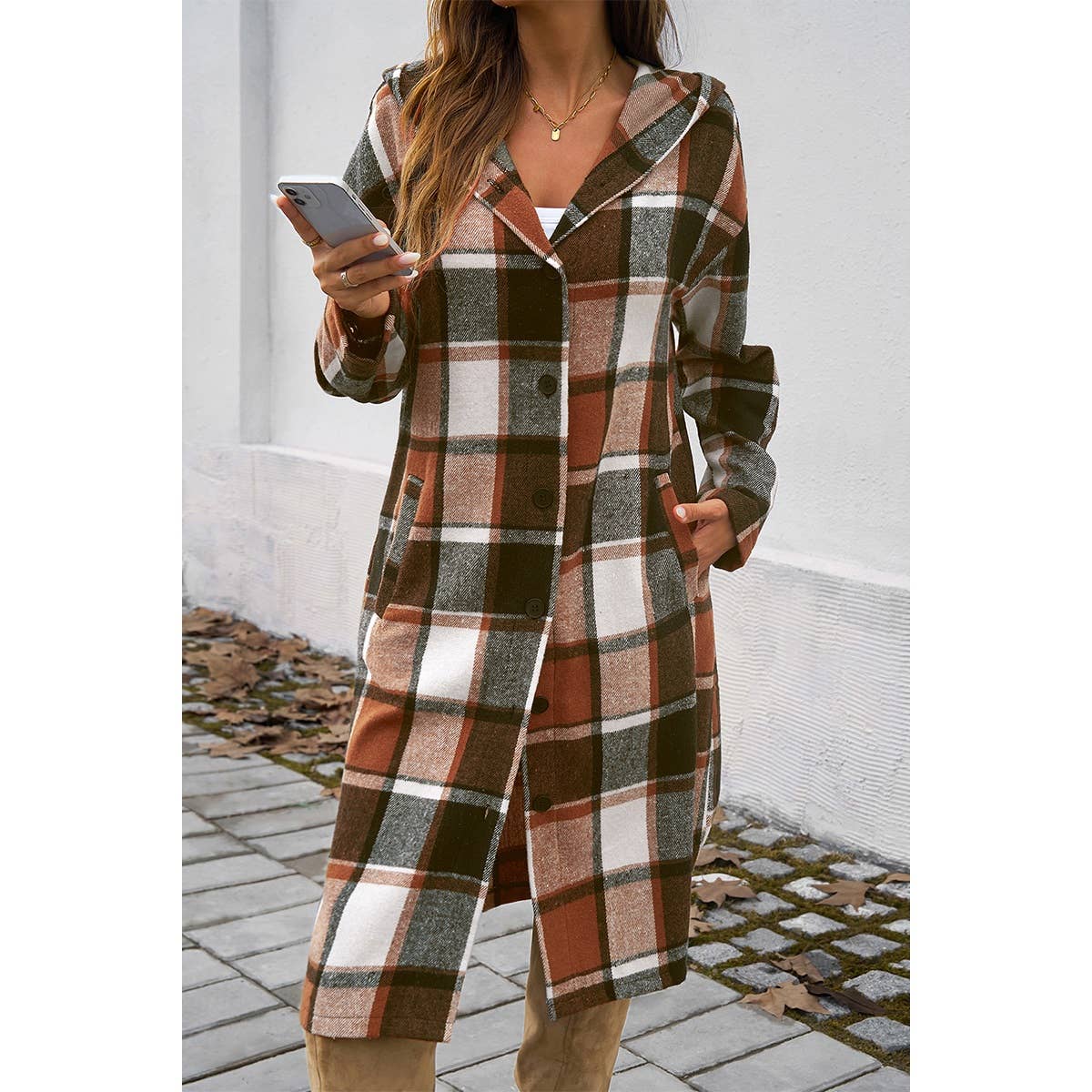 Button Hood Plaid Flannel Trench Corduroy Coat