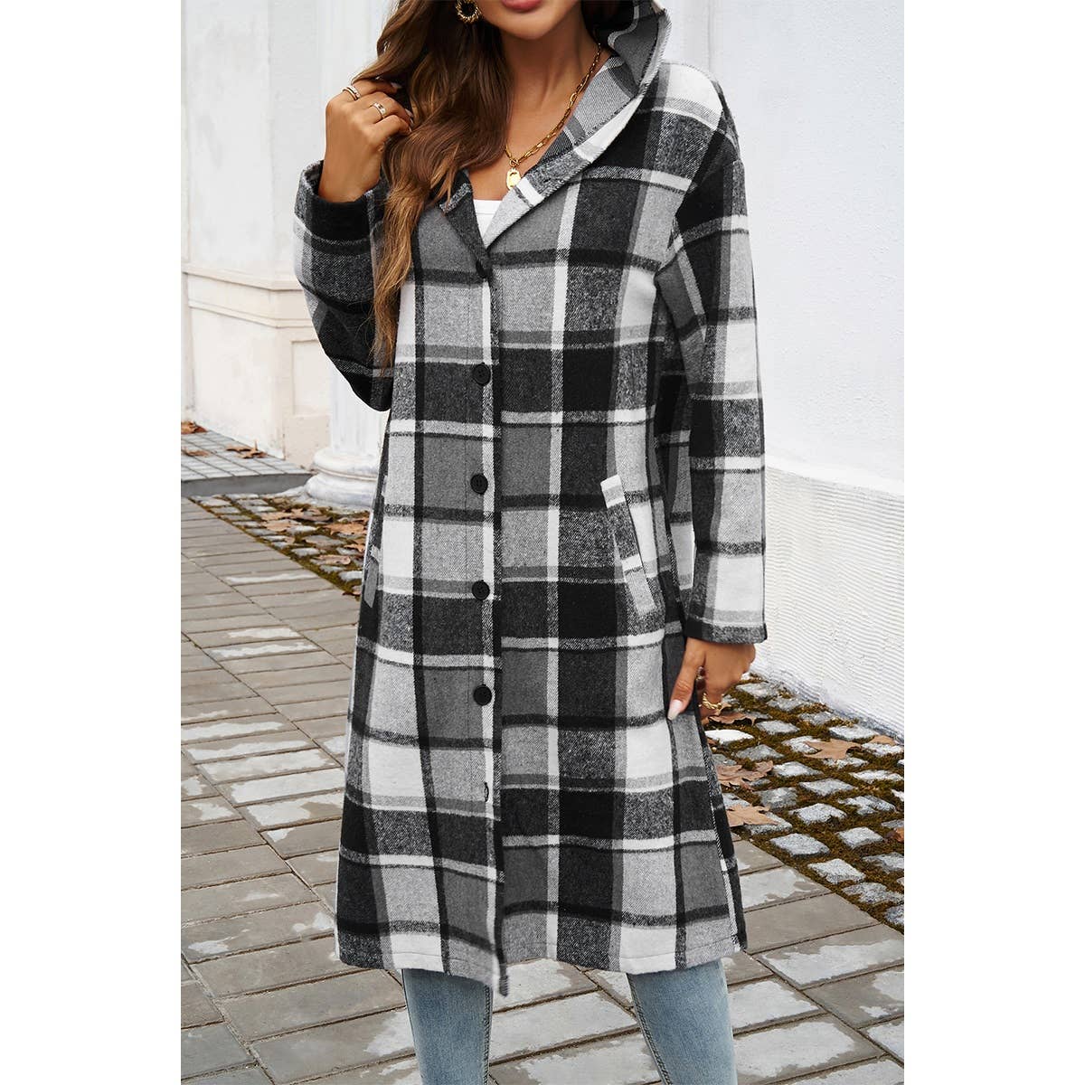 Button Hood Plaid Flannel Trench Corduroy Coat