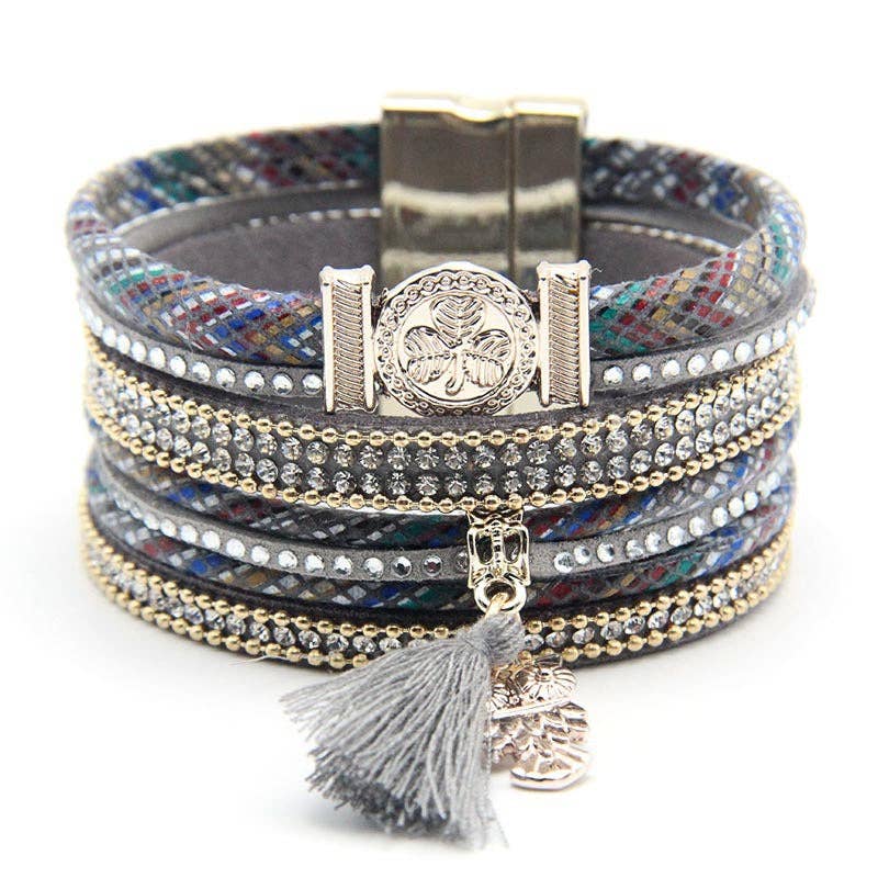 Boho Magnetic Buckle Leather Bracelet,Owl Pendant - BJ/LB