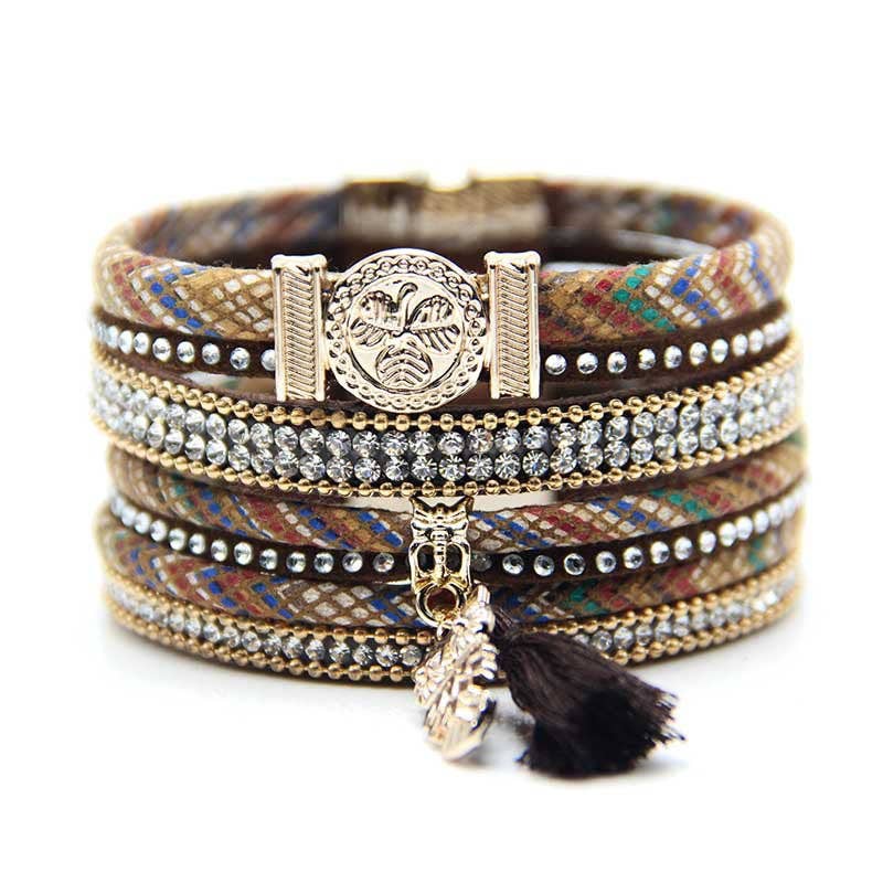 Boho Magnetic Buckle Leather Bracelet,Owl Pendant - BJ/LB