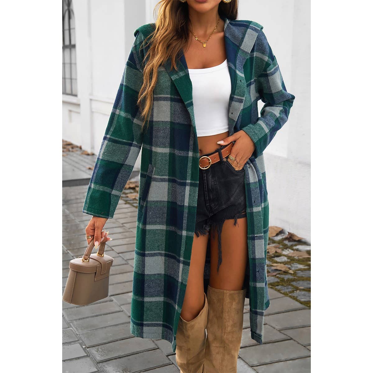 Button Hood Plaid Flannel Trench Corduroy Coat