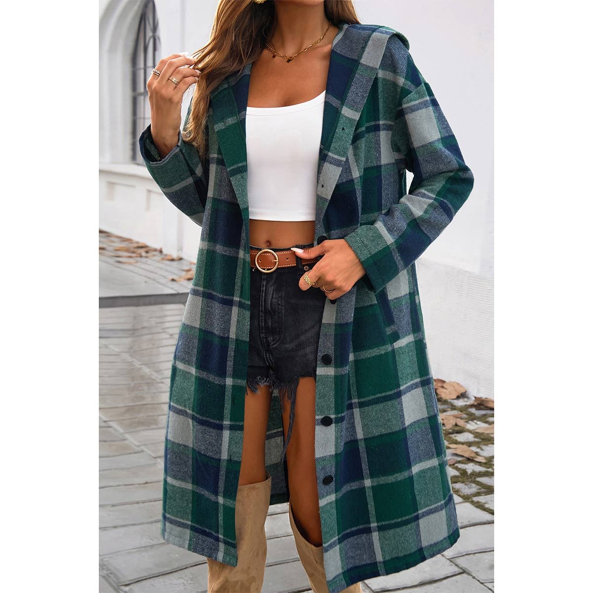 Button Hood Plaid Flannel Trench Corduroy Coat