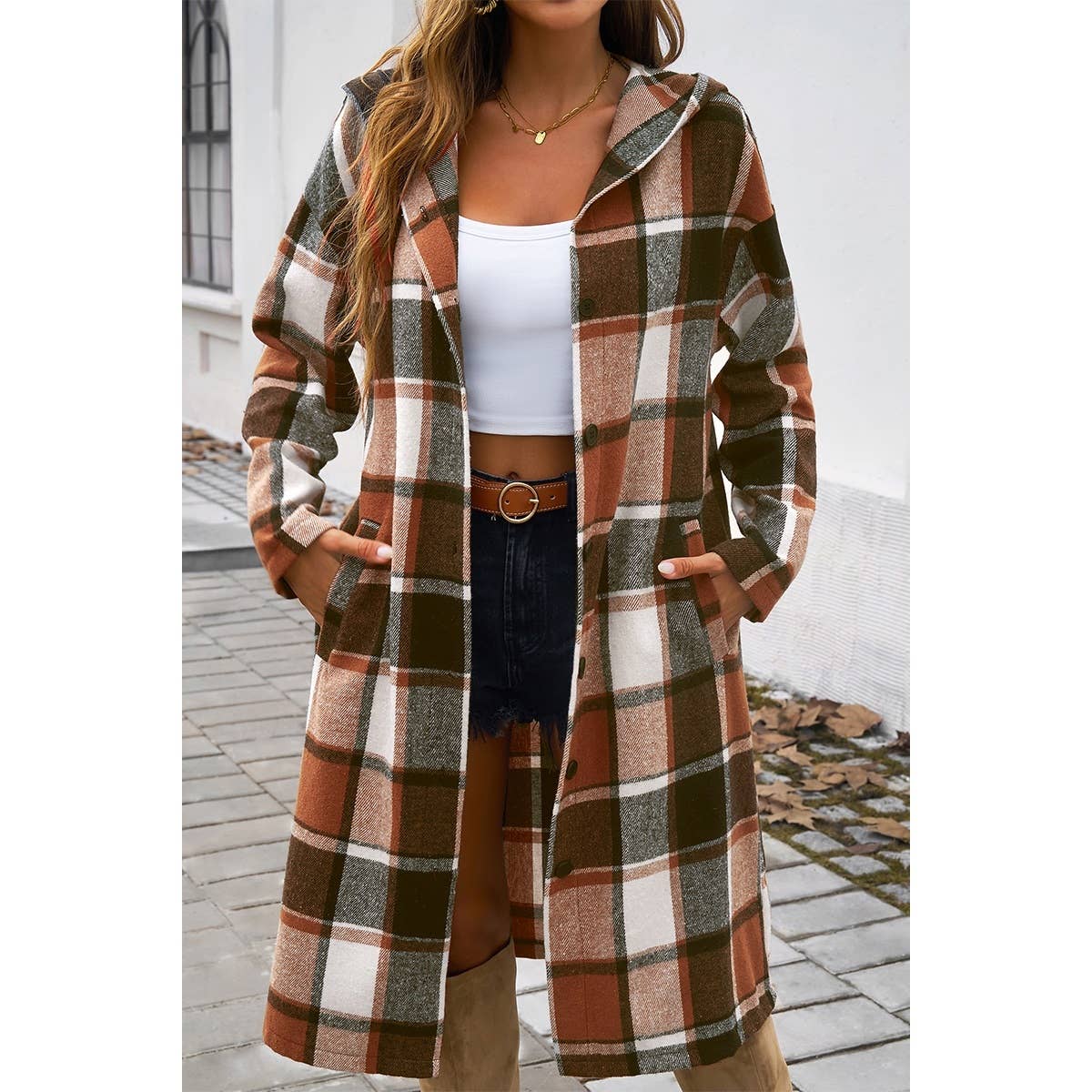 Button Hood Plaid Flannel Trench Corduroy Coat