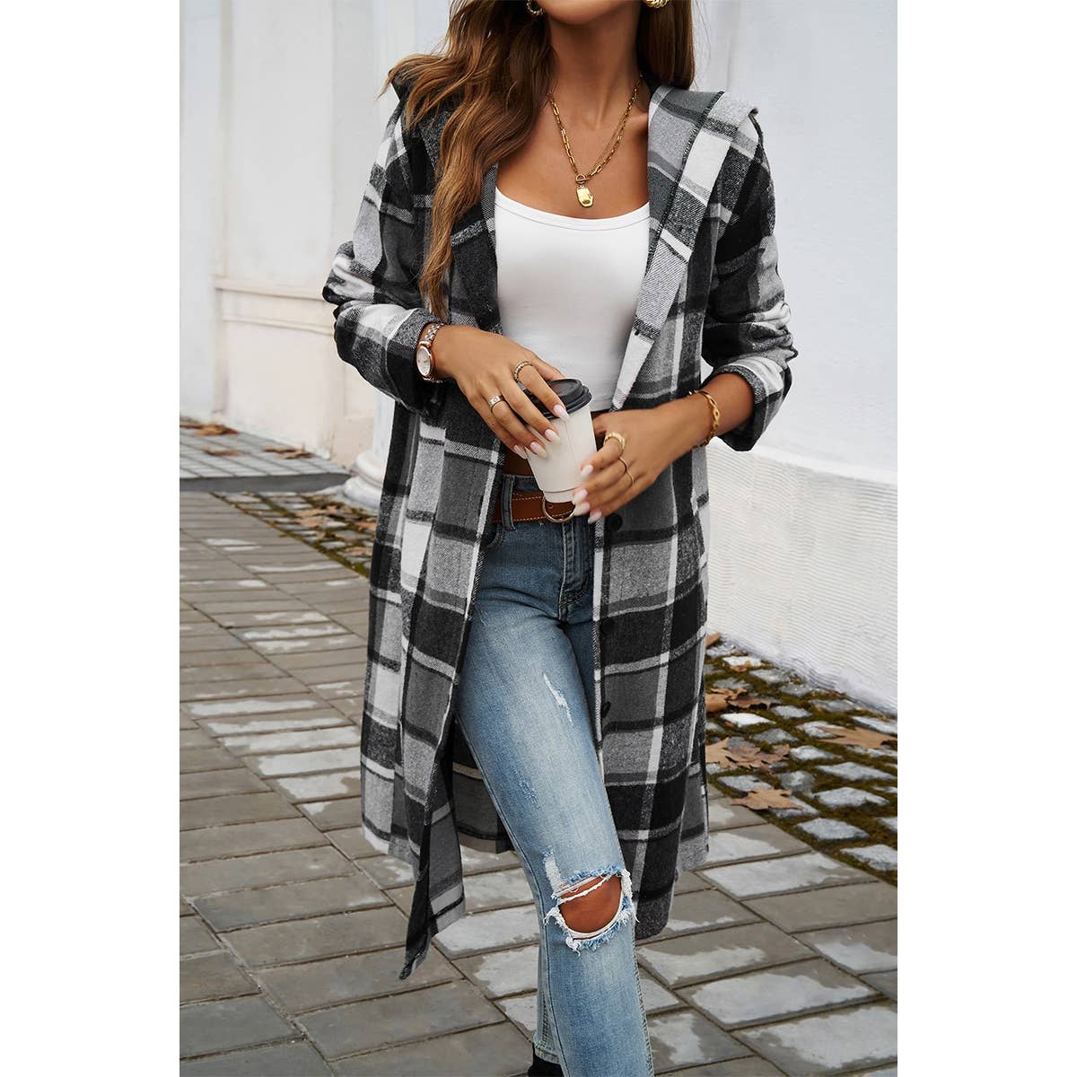 Button Hood Plaid Flannel Trench Corduroy Coat