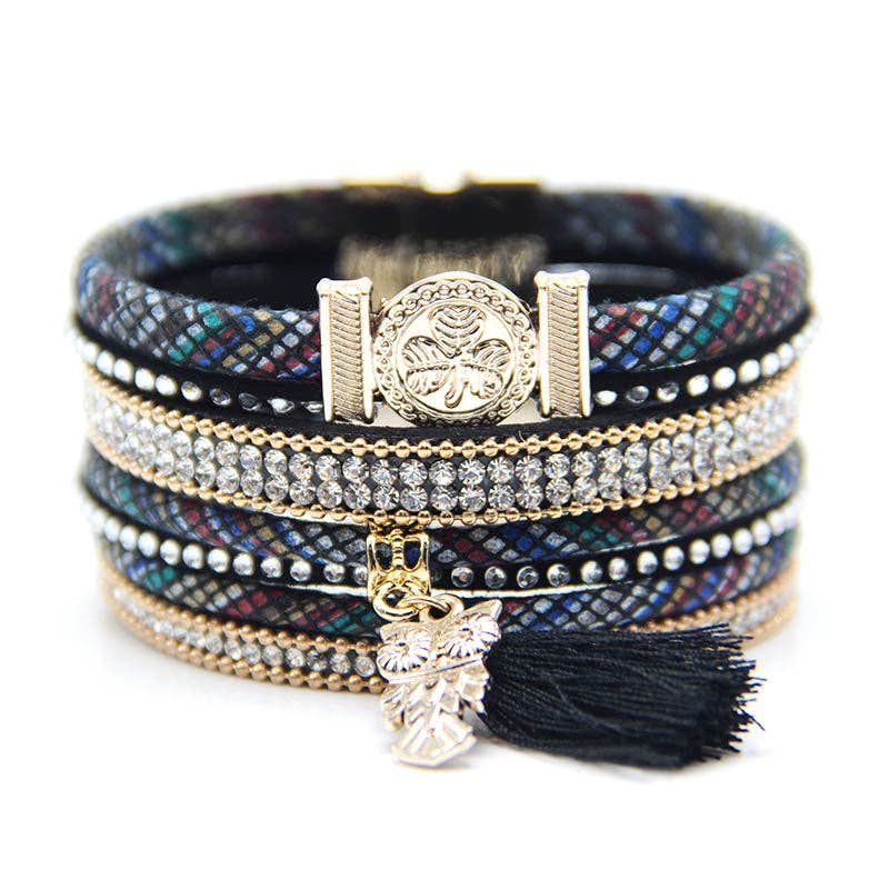 Boho Magnetic Buckle Leather Bracelet,Owl Pendant - BJ/LB